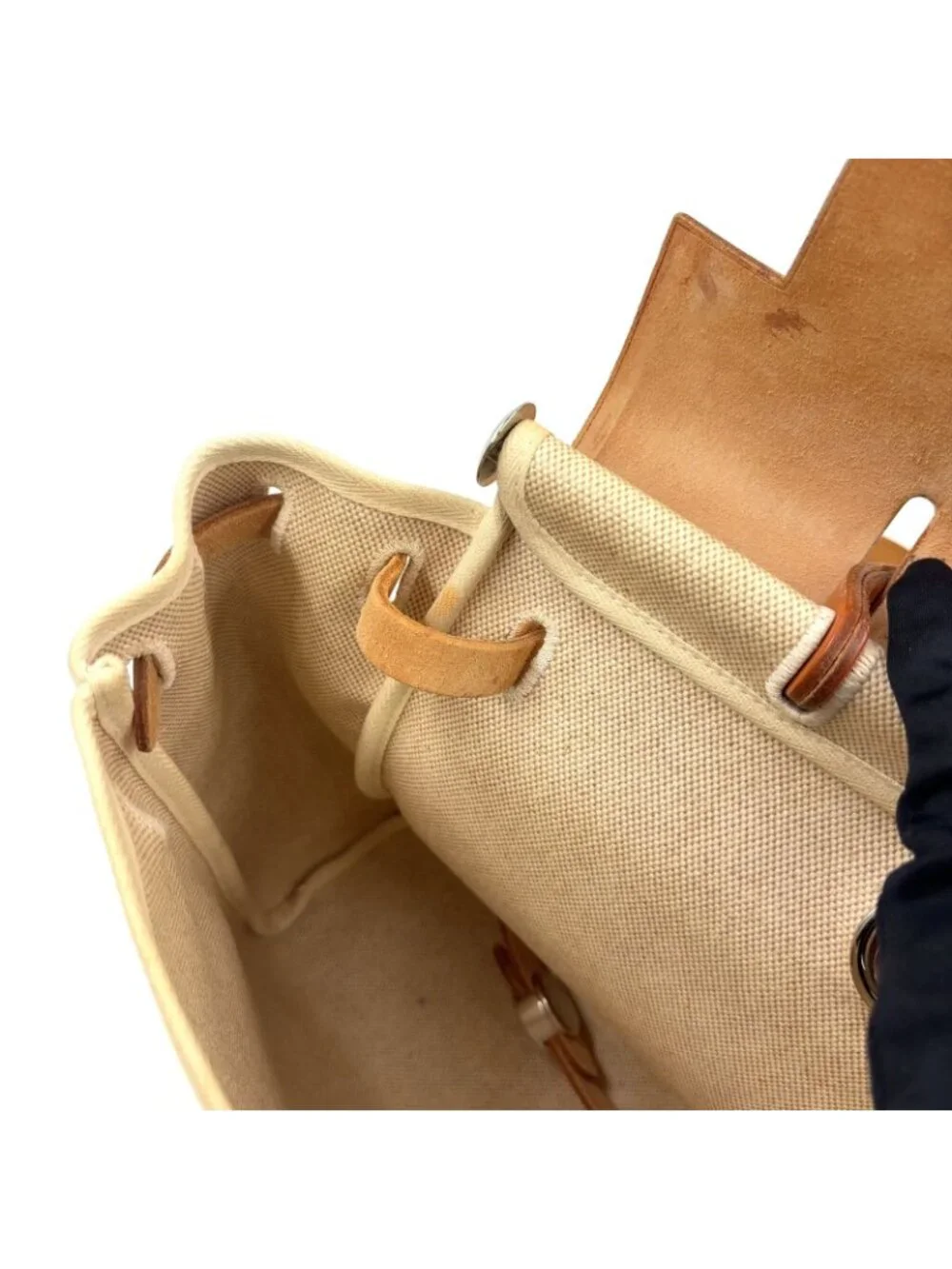 Hermes Herbag a Dos PM Handbag Leather Canvas Beige Light Brown Backpack Silver